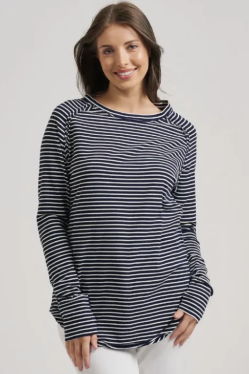 est. 1971 - Raw Crew Long Sleeve Tee - Navy Stripe - Womens Fashion