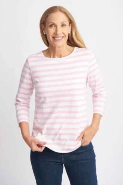 Goondiwindi Cotton - 3/4 Sleeve Stripe Tee - Tickle Pink/White - Womens Fashion